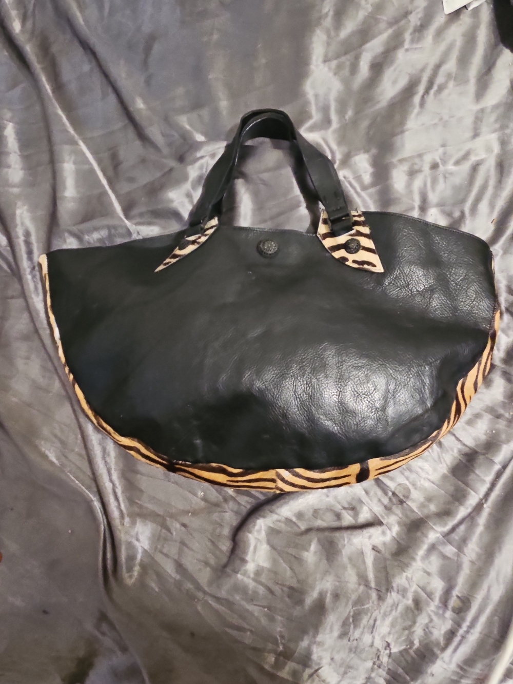 Black Leather Satchel with Animal-Print Trim